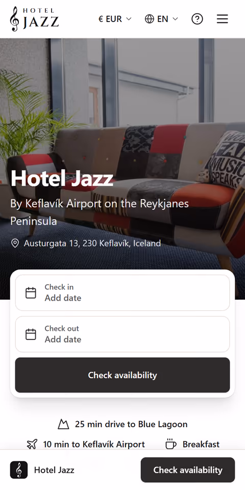 The Hotel Jazz website on a phone