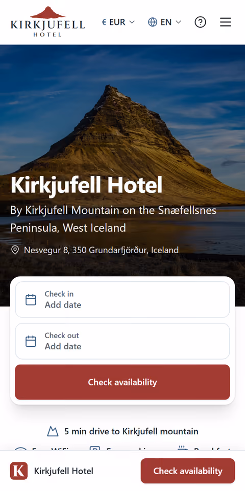 The Kirkjufell Hotel website on a phone