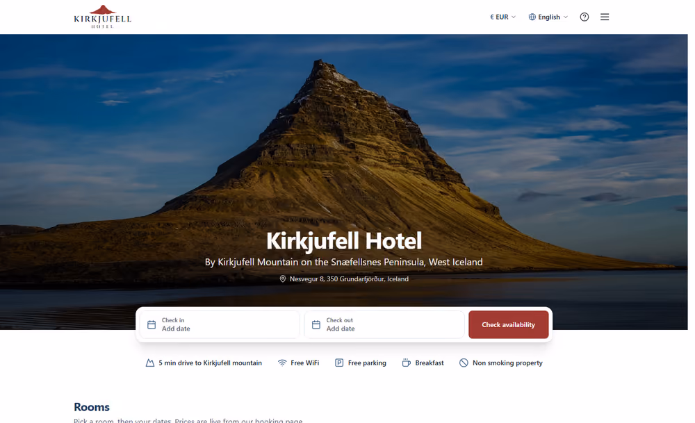 Screenshot of the Kirkjufell Hotel website